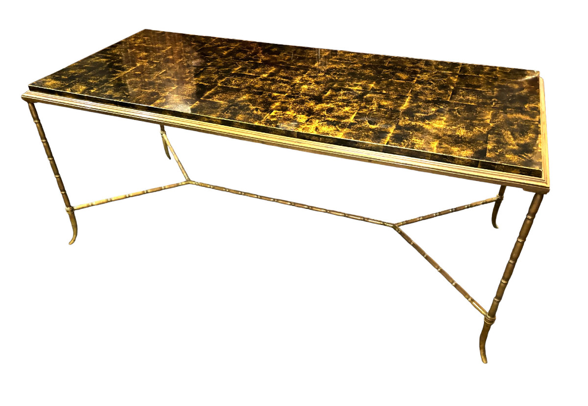 Bamboo Coffee Table In Gilded Bronze And Lacquer By Maison Baguès, 1960-photo-1
