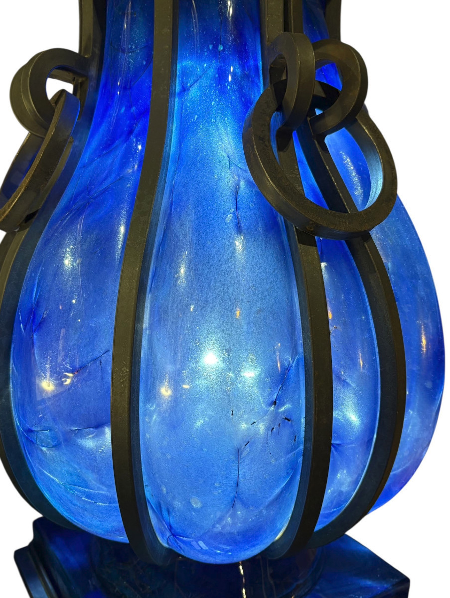 Daum France et André Dubreuil Sellette "Macao" en Cristal et Fer Forgé-photo-2