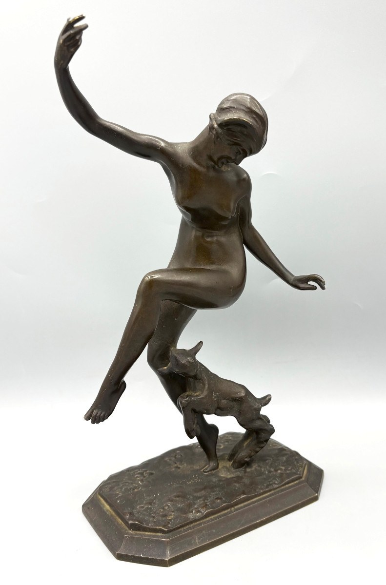 Jean-Baptiste Gauvenet "Bacchante nue avec Bouc" Sculpture en Bronze Art Déco-photo-2