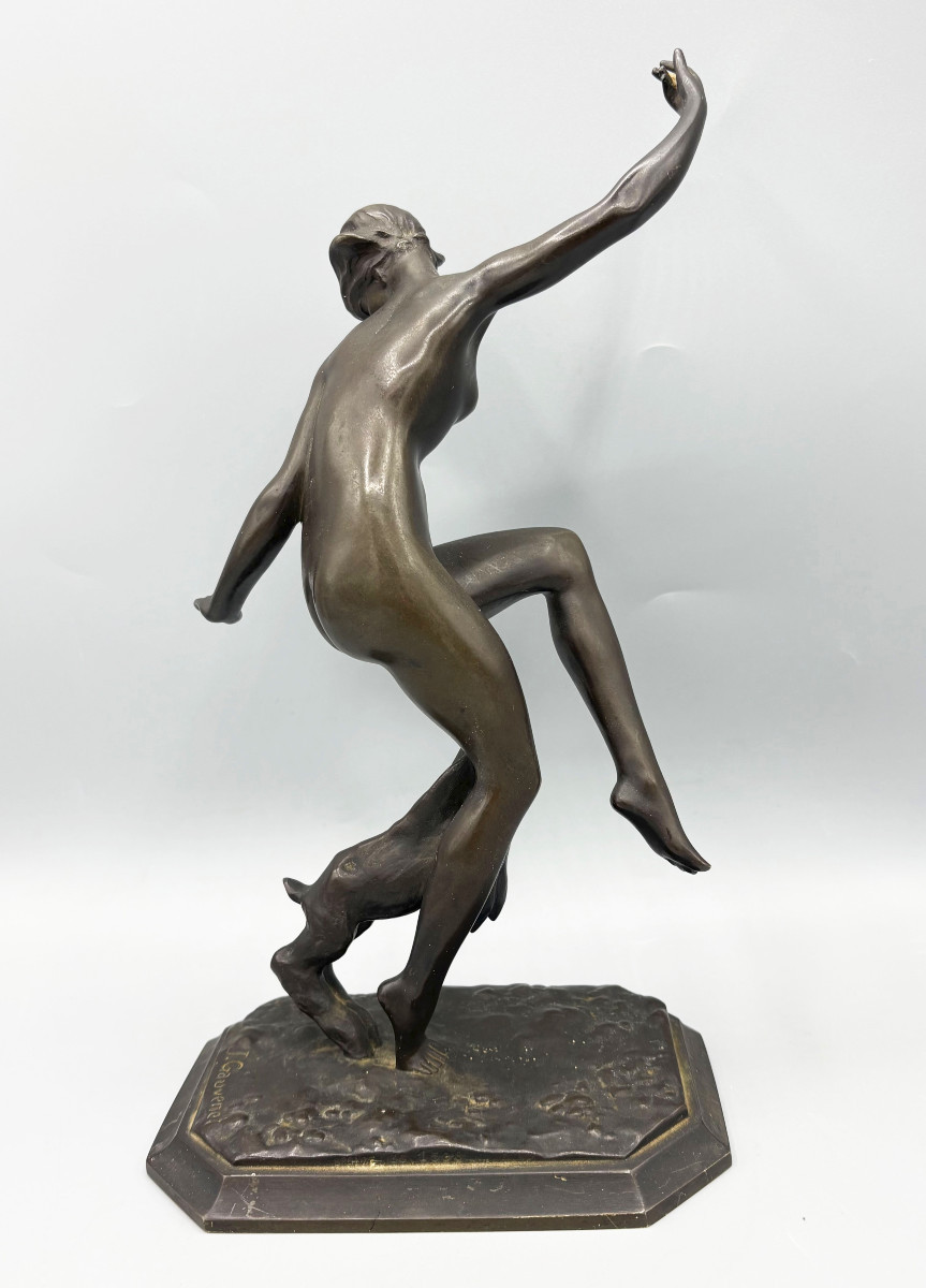 Jean-Baptiste Gauvenet "Bacchante nue avec Bouc" Sculpture en Bronze Art Déco-photo-3