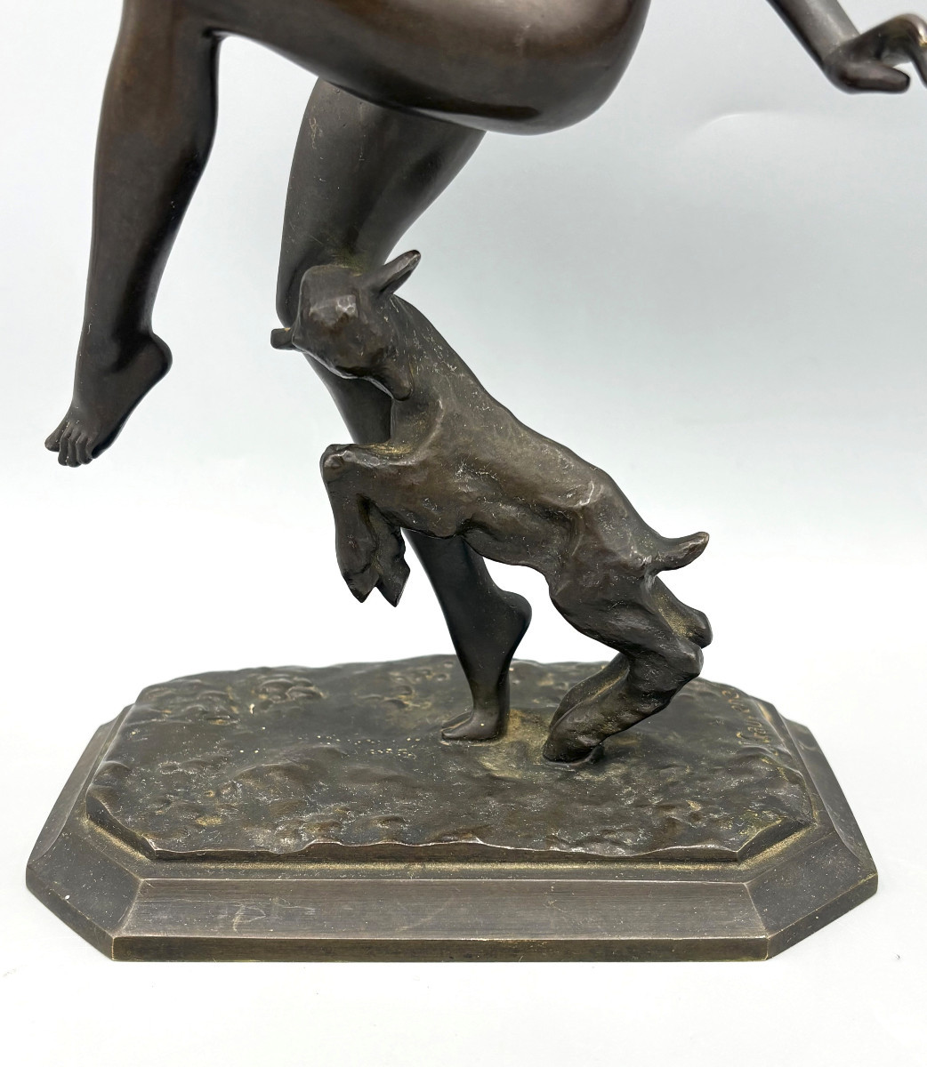 Jean-Baptiste Gauvenet "Bacchante nue avec Bouc" Sculpture en Bronze Art Déco-photo-2