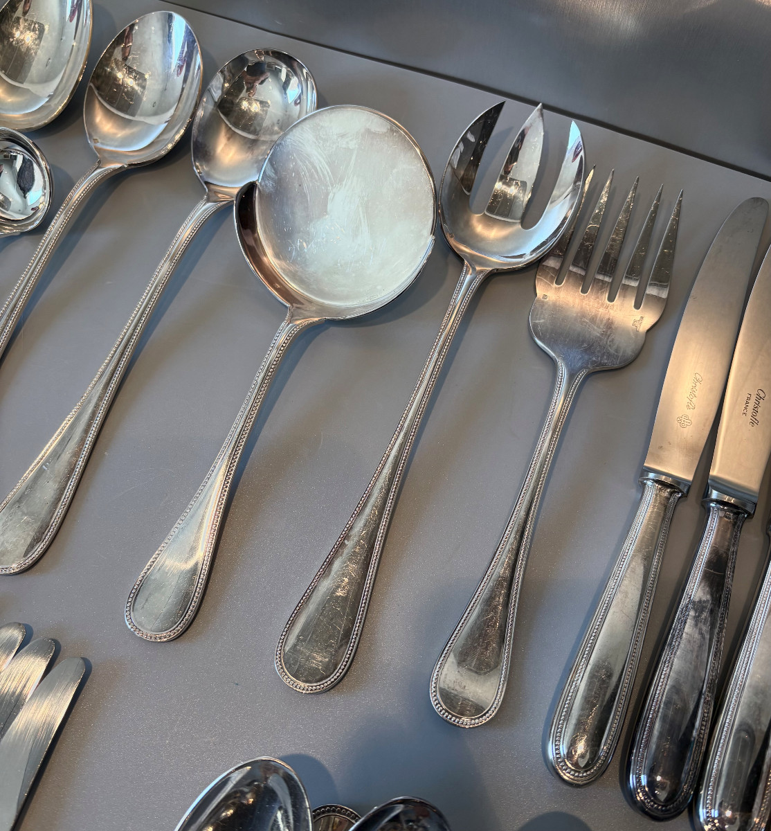 Christofle 56-piece Silver-plated Flatware Set, Pearl Pattern-photo-3