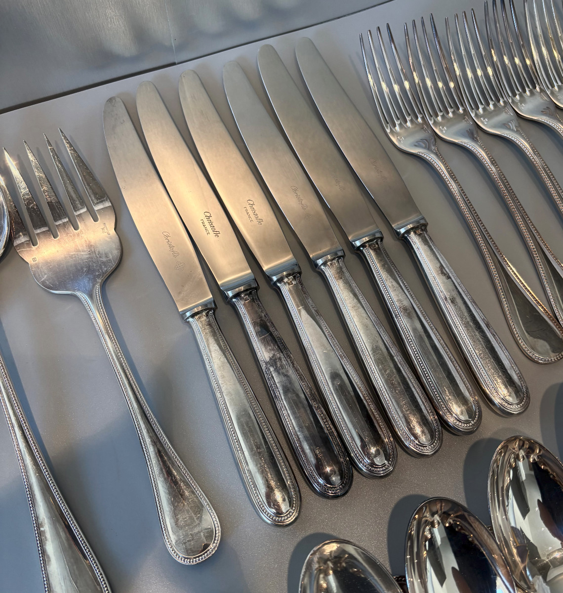 Christofle 56-piece Silver-plated Flatware Set, Pearl Pattern-photo-4