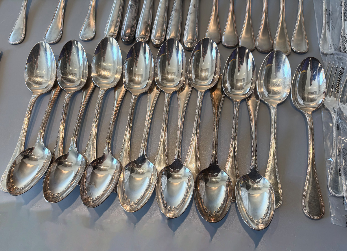 Christofle 56-piece Silver-plated Flatware Set, Pearl Pattern-photo-3