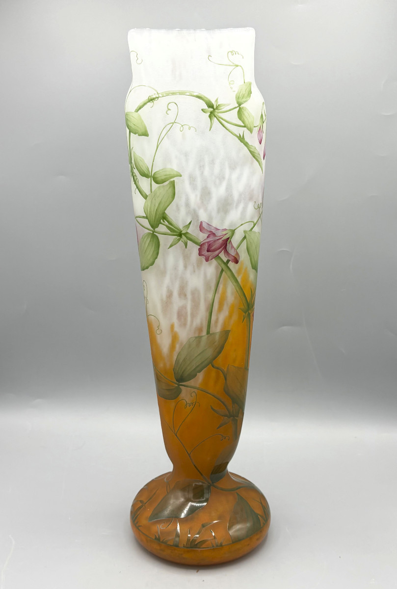 Large Art Nouveau Vase With Sweet Peas, Daum Nancy-photo-3