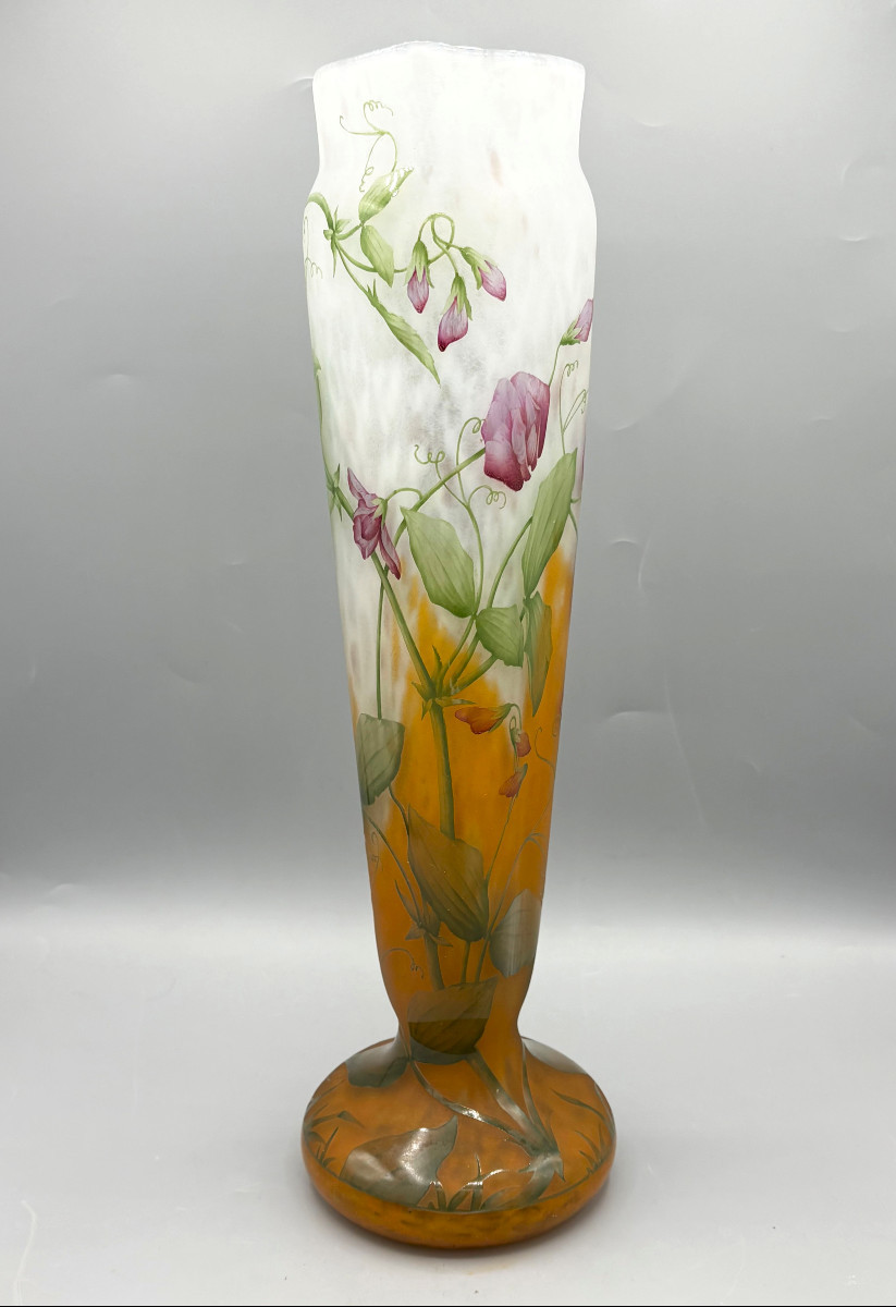 Large Art Nouveau Vase With Sweet Peas, Daum Nancy-photo-4