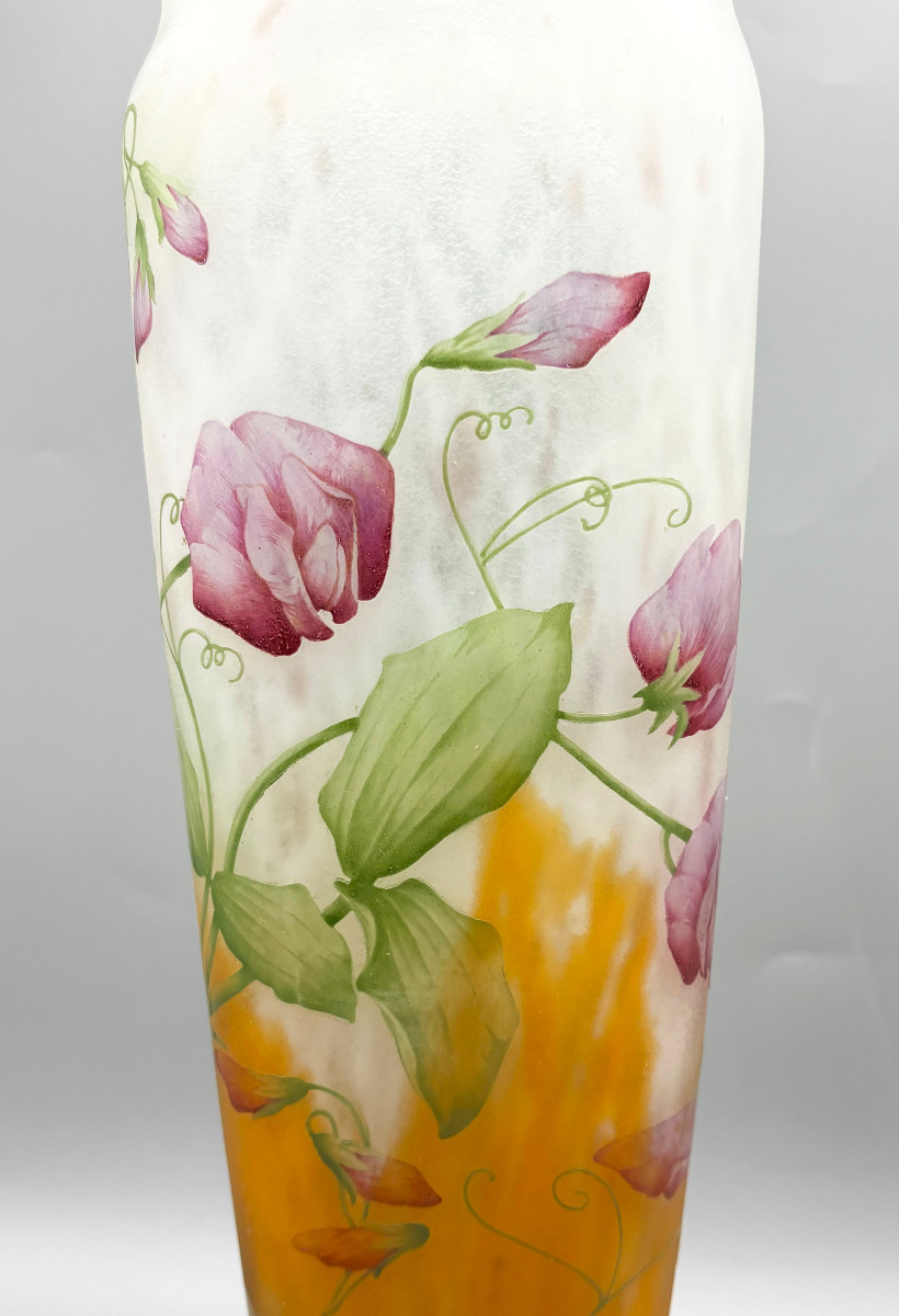 Large Art Nouveau Vase With Sweet Peas, Daum Nancy-photo-2