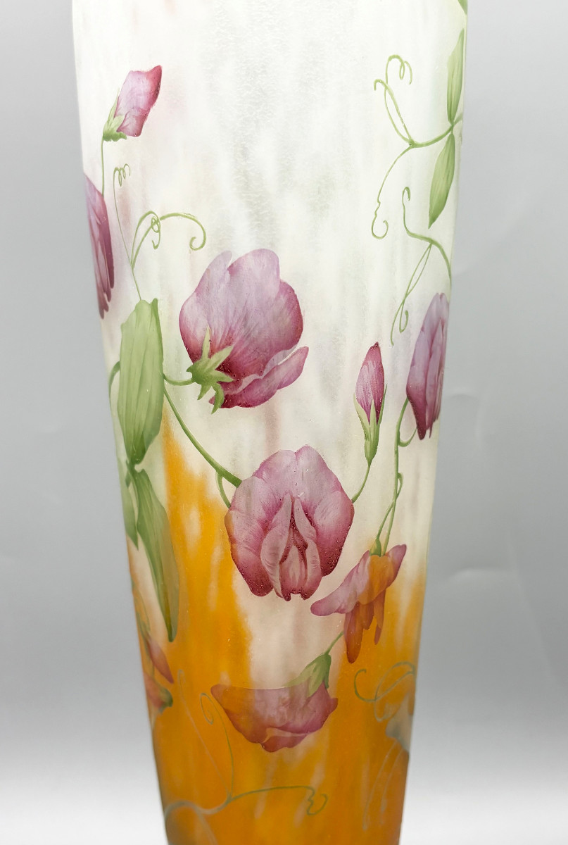 Large Art Nouveau Vase With Sweet Peas, Daum Nancy-photo-3
