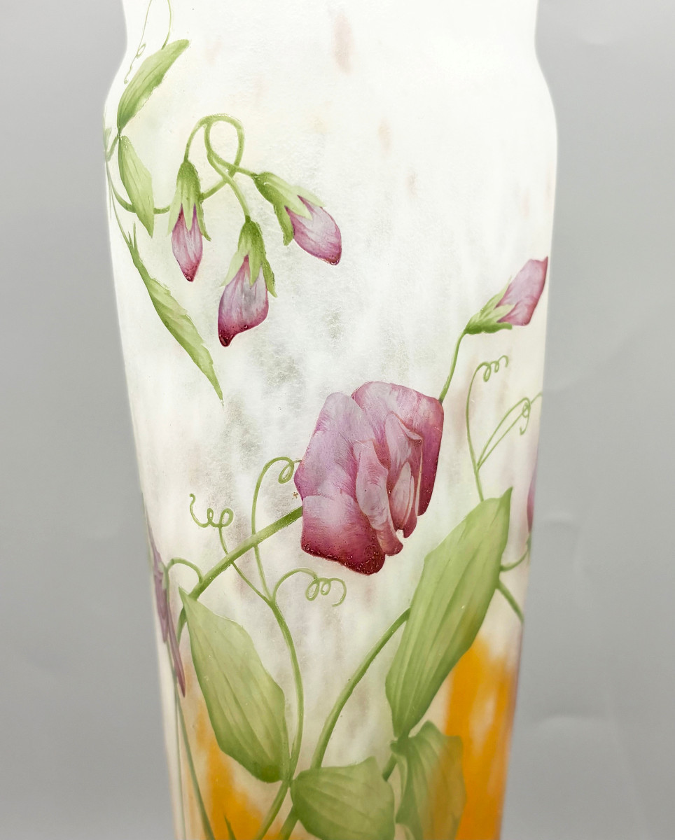 Large Art Nouveau Vase With Sweet Peas, Daum Nancy-photo-4