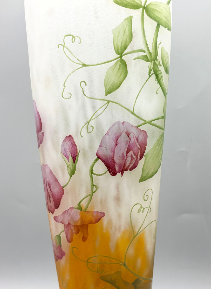 Large Art Nouveau Vase With Sweet Peas, Daum Nancy-photo-5