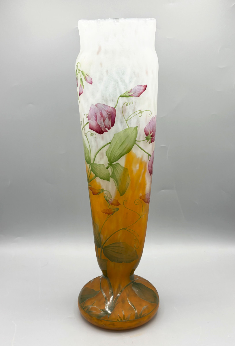 Large Art Nouveau Vase With Sweet Peas, Daum Nancy