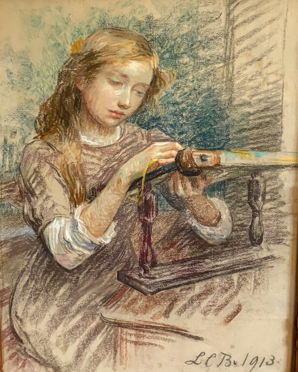 Louise Catherine Breslau - Pastel - Young Girl Sewing 1913-photo-2