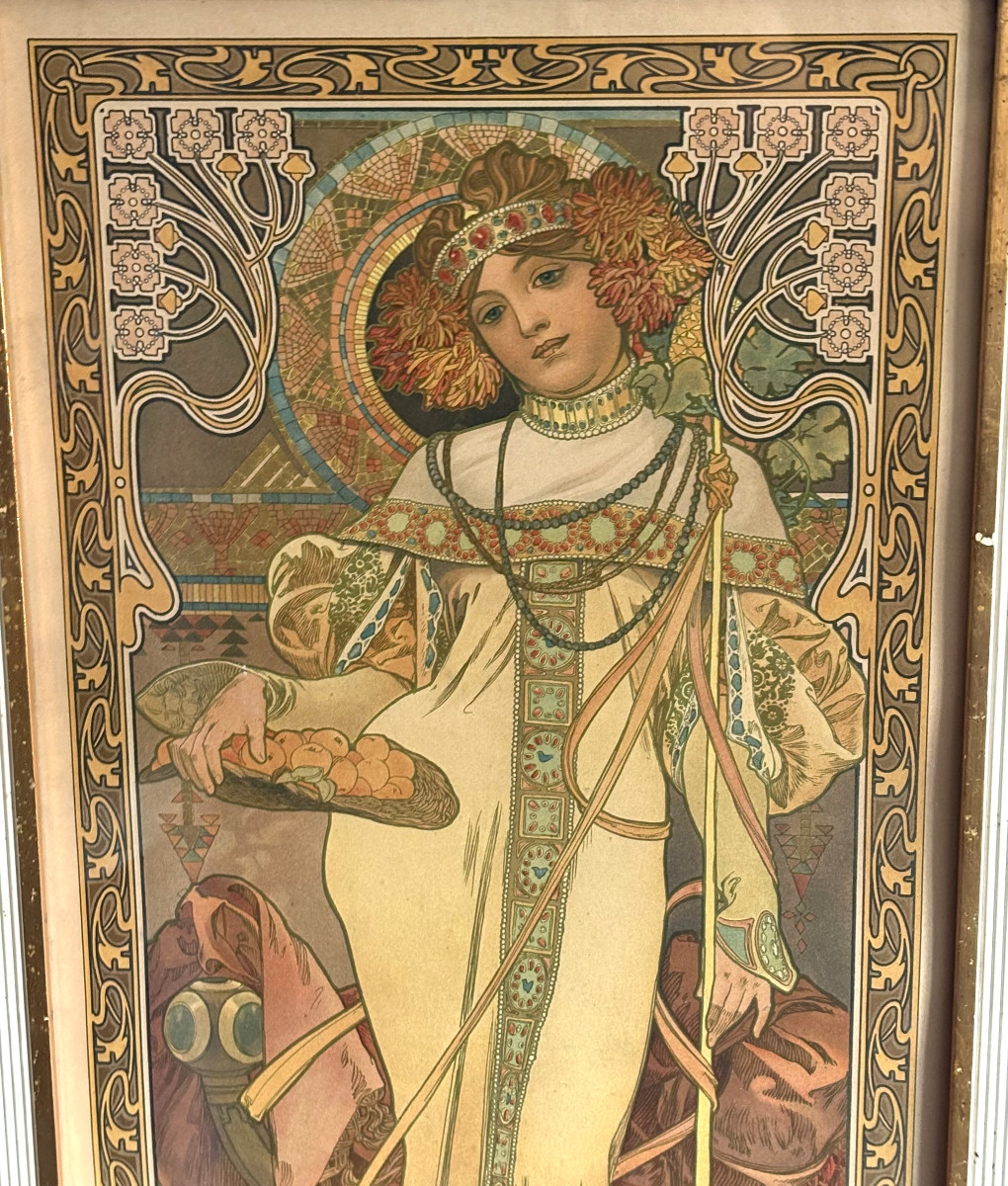 Rare Original Lithograph "autumn" By Alphonse Mucha, Art Nouveau-photo-3