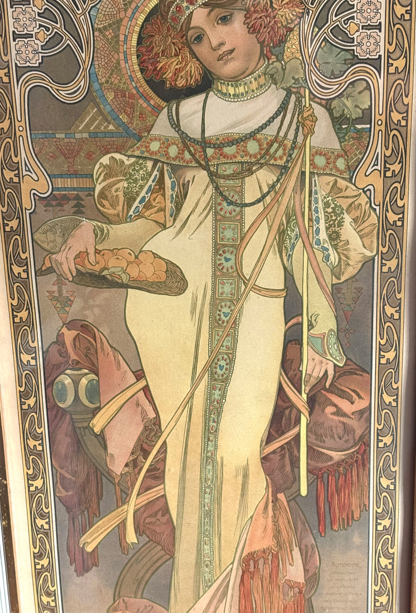Rare Original Lithograph "autumn" By Alphonse Mucha, Art Nouveau-photo-4