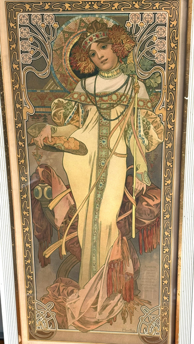 Rare Original Lithograph "autumn" By Alphonse Mucha, Art Nouveau-photo-2