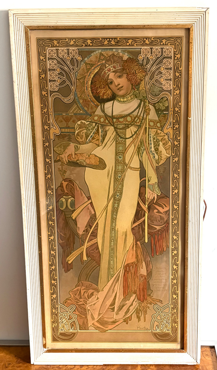 Rare Original Lithograph "autumn" By Alphonse Mucha, Art Nouveau