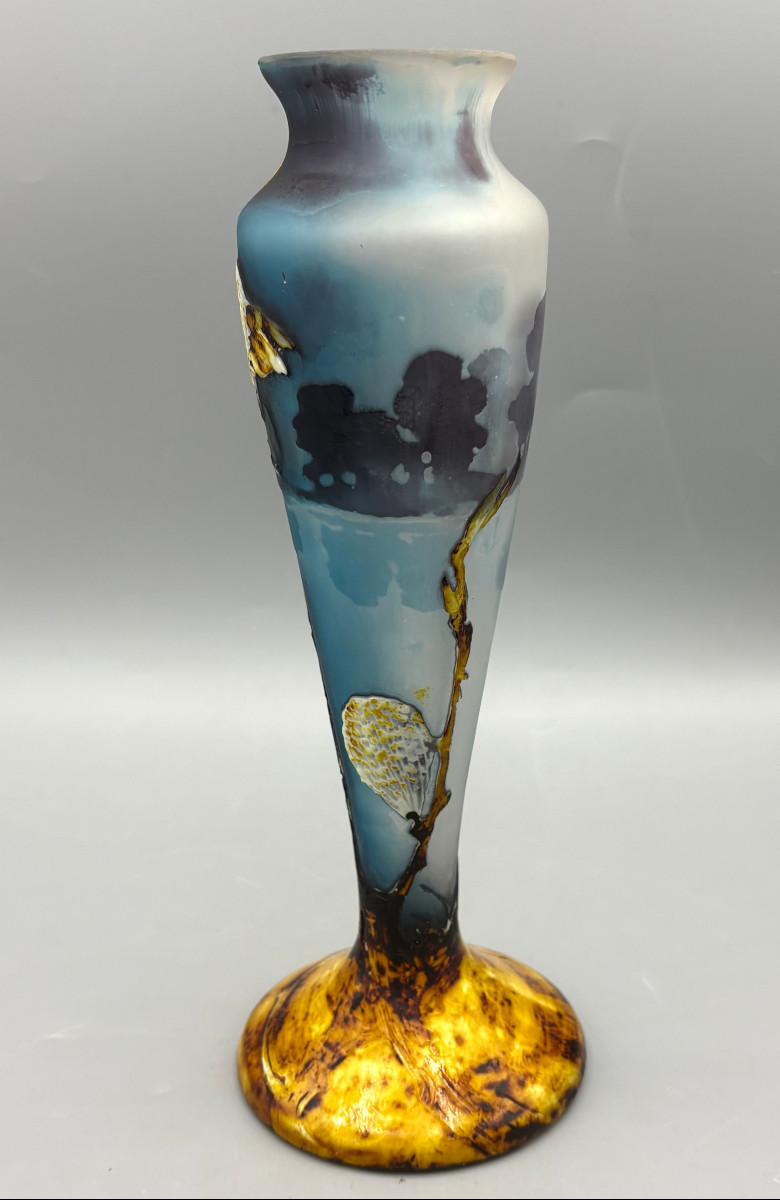 Rare Art Nouveau Vase, Fluogravure By Muller Frères, "bee And Cotton Flowers"-photo-2