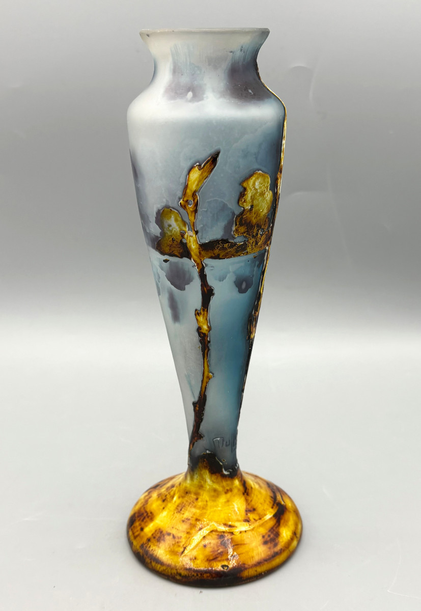 Rare Art Nouveau Vase, Fluogravure By Muller Frères, "bee And Cotton Flowers"-photo-3