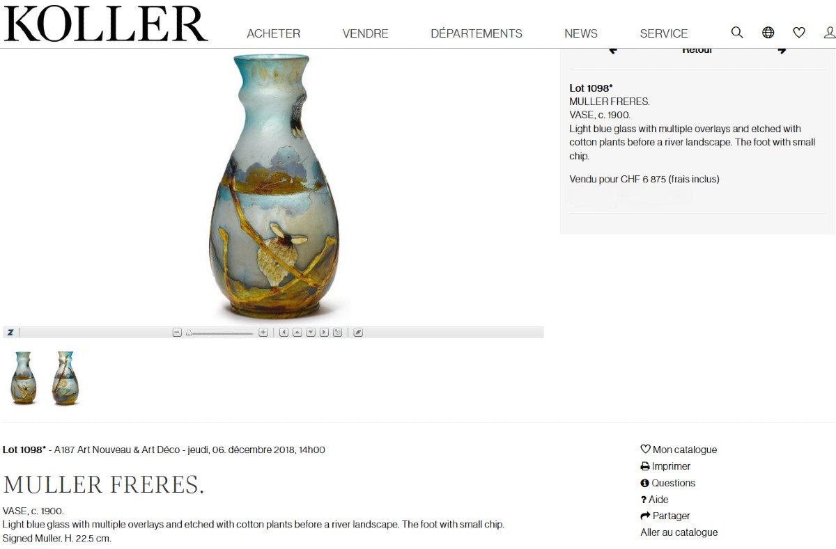Rare Art Nouveau Vase, Fluogravure By Muller Frères, "bee And Cotton Flowers"-photo-8