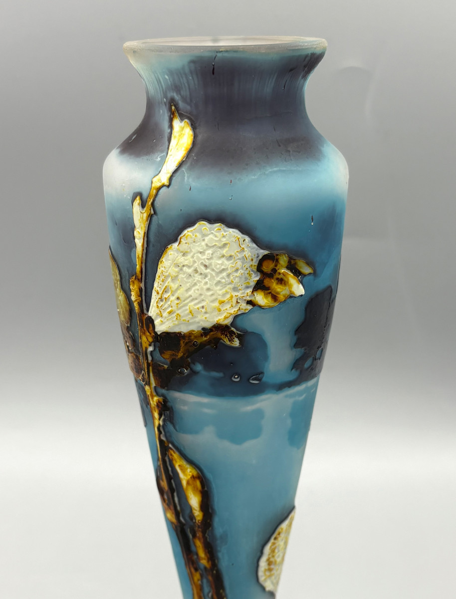 Rare Art Nouveau Vase, Fluogravure By Muller Frères, "bee And Cotton Flowers"-photo-1