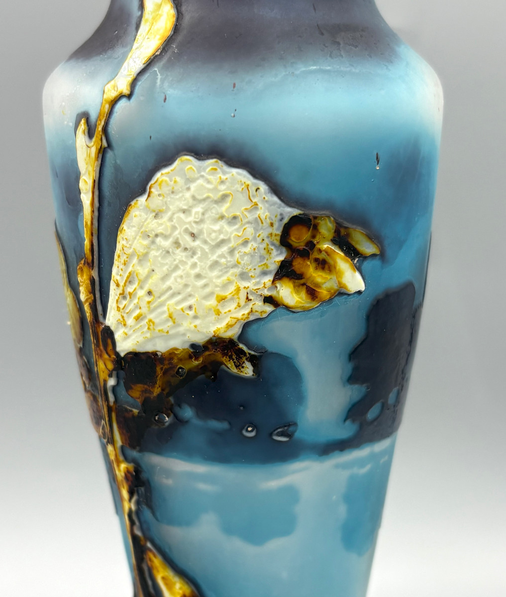 Rare Art Nouveau Vase, Fluogravure By Muller Frères, "bee And Cotton Flowers"-photo-3