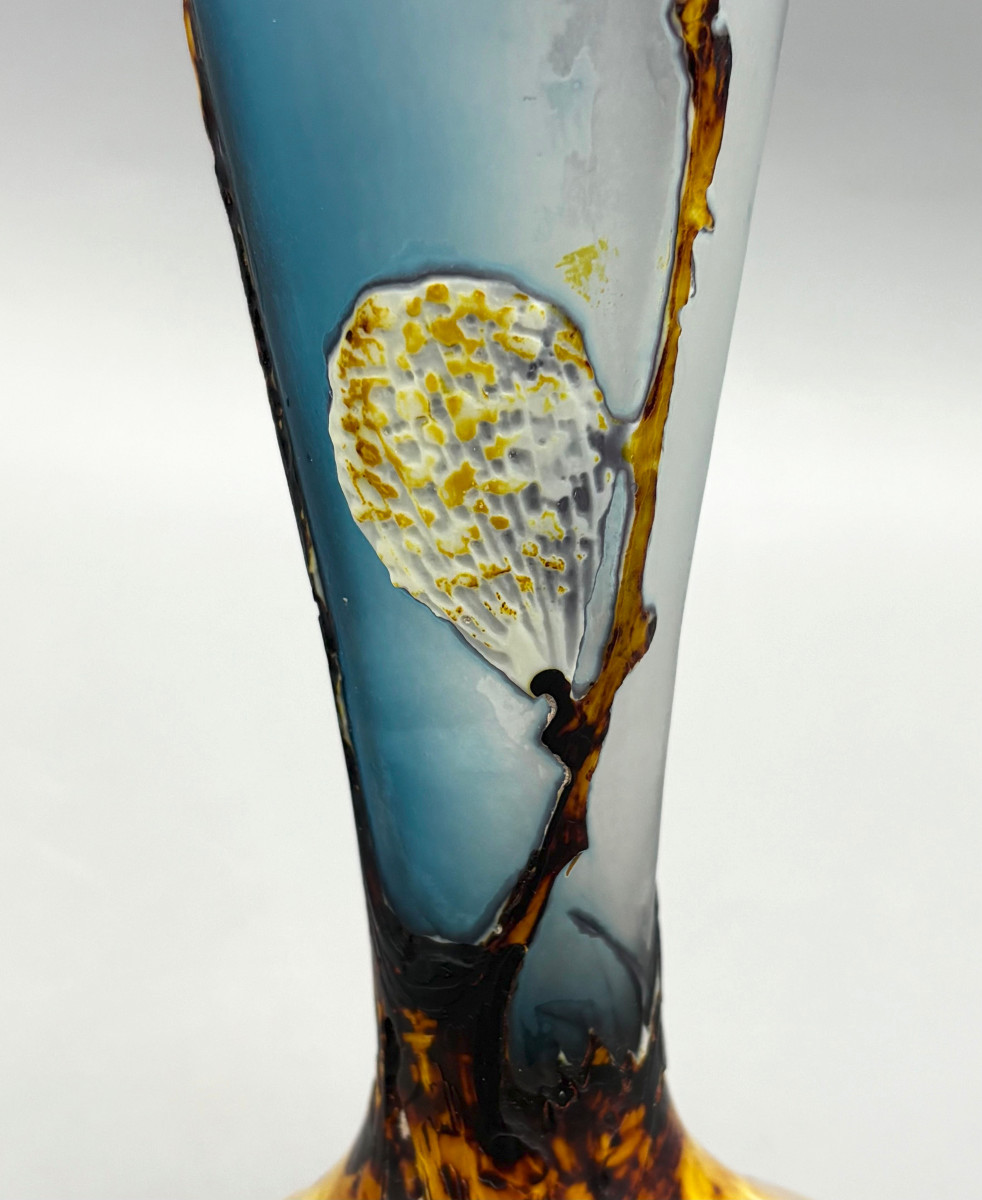 Rare Art Nouveau Vase, Fluogravure By Muller Frères, "bee And Cotton Flowers"-photo-4
