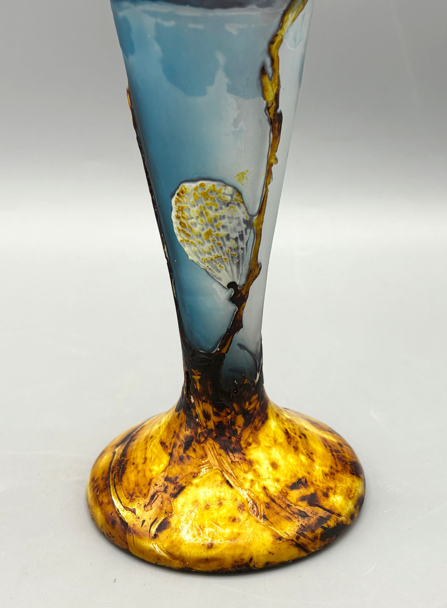Rare Art Nouveau Vase, Fluogravure By Muller Frères, "bee And Cotton Flowers"-photo-2