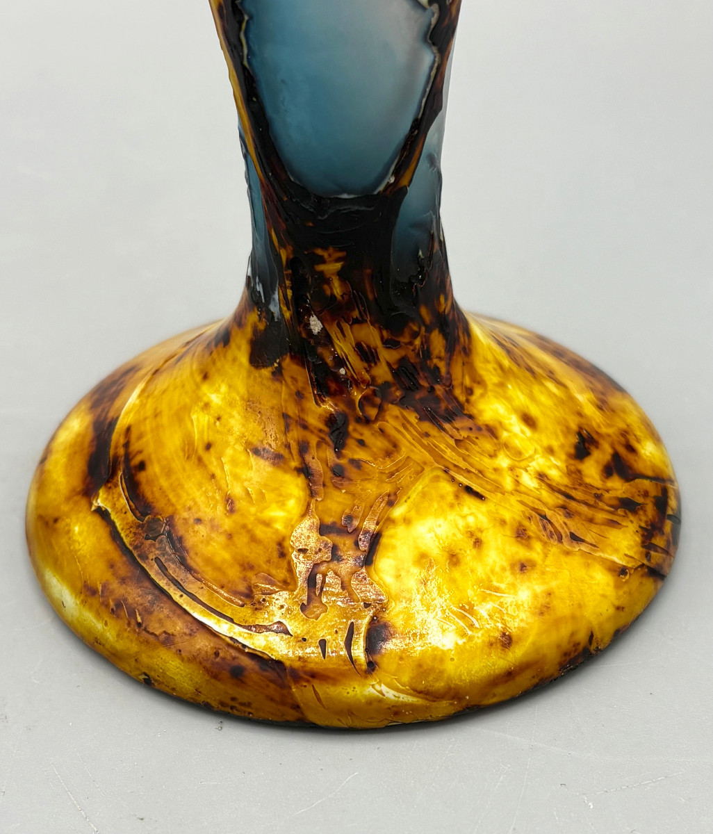 Rare Art Nouveau Vase, Fluogravure By Muller Frères, "bee And Cotton Flowers"-photo-5