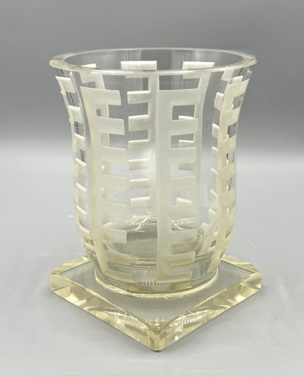 Art Deco Engraved Glass Vase Signed Jean Luce Circa 1930-photo-3