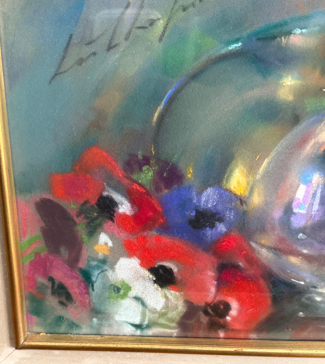 Pastel By Léa Chapon (1905 - 2000) Still Life With Anemones-photo-3