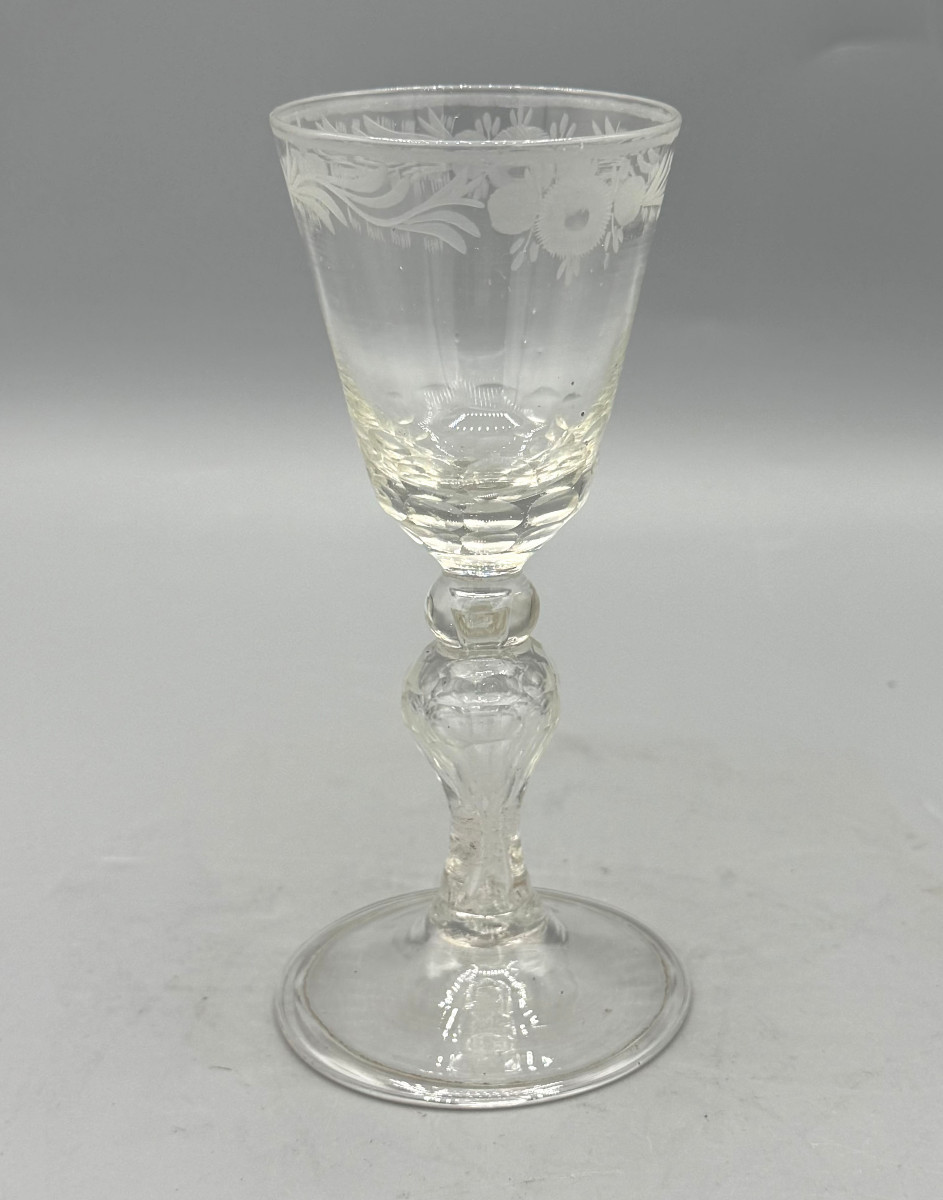 Blown Glass With Engraved Truncated Cone-shaped Bowl And Carved Foot 18th Century-photo-2