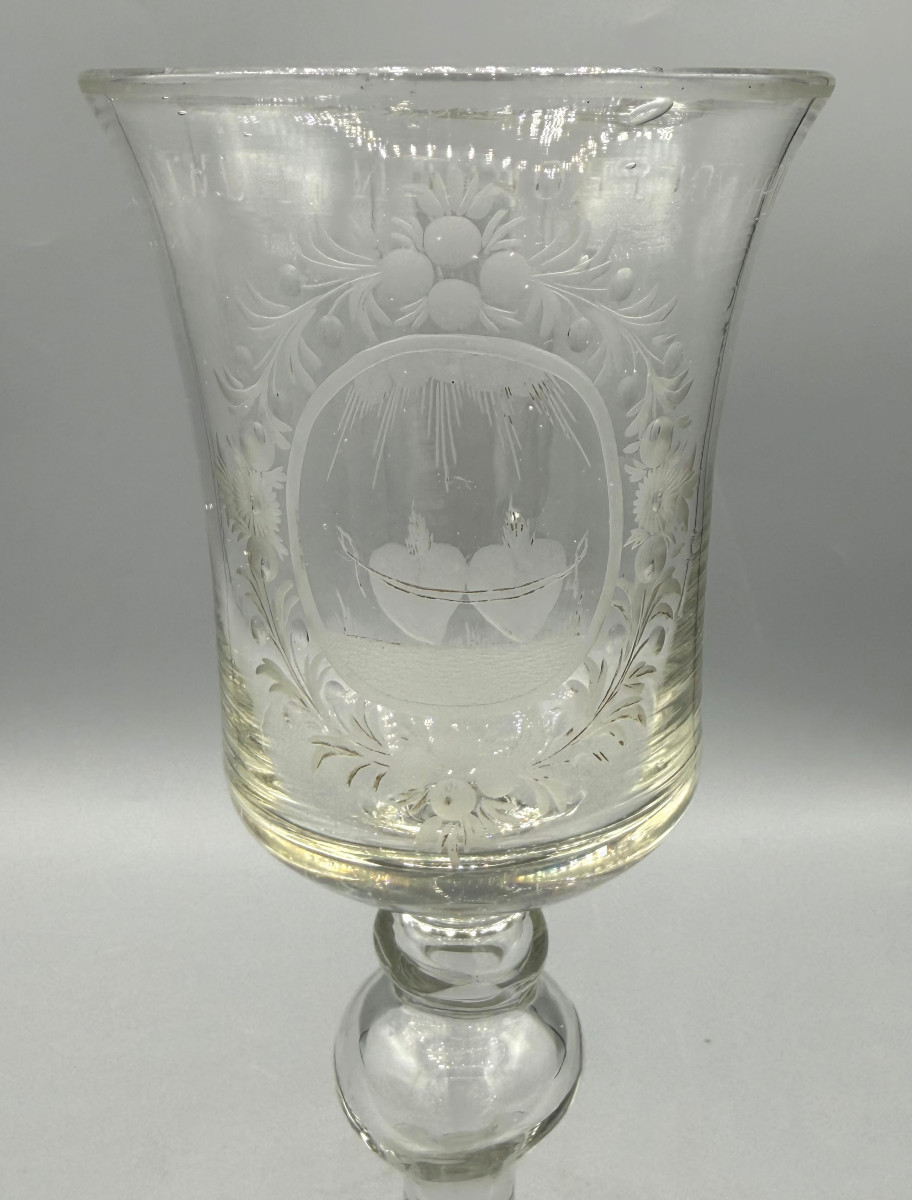 Very Large Wedding Glass Blown And Engraved With Hearts Inscription 18th Century Netherlands-photo-3