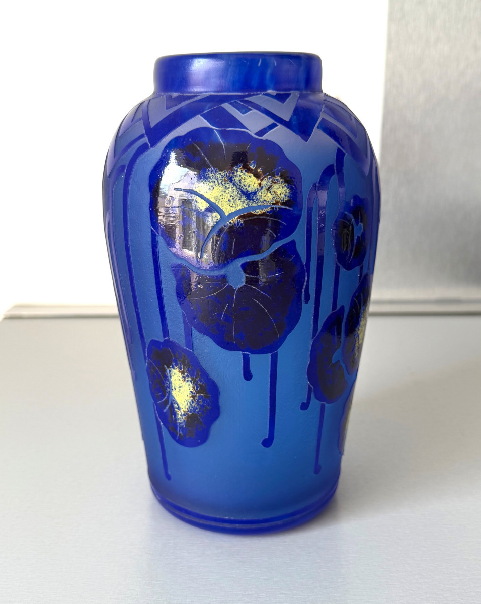 Art Deco Vase "blue Nasturtiums" By Schneider - Le Verre Français-photo-2