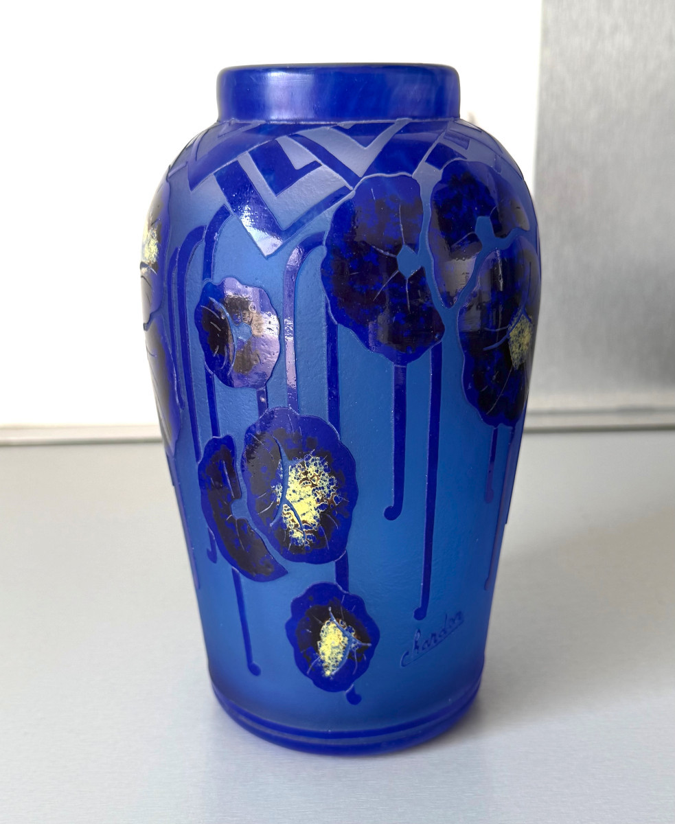 Art Deco Vase "blue Nasturtiums" By Schneider - Le Verre Français-photo-3