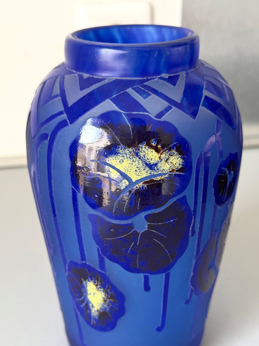 Art Deco Vase "blue Nasturtiums" By Schneider - Le Verre Français-photo-1