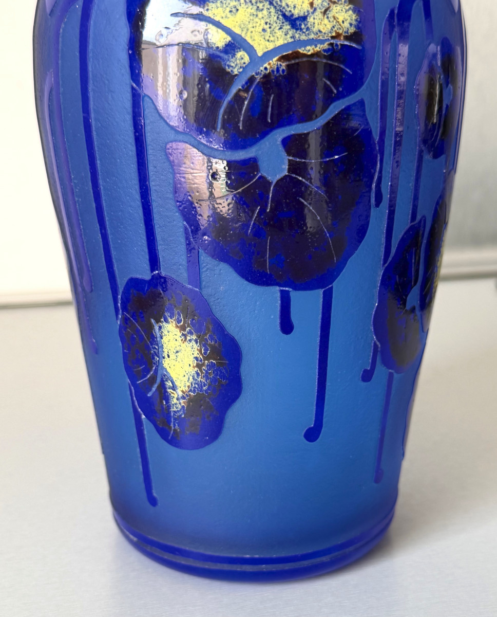Art Deco Vase "blue Nasturtiums" By Schneider - Le Verre Français-photo-2