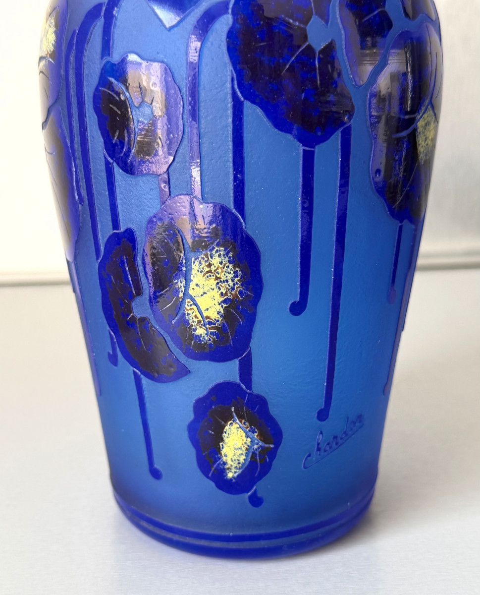Art Deco Vase "blue Nasturtiums" By Schneider - Le Verre Français-photo-3