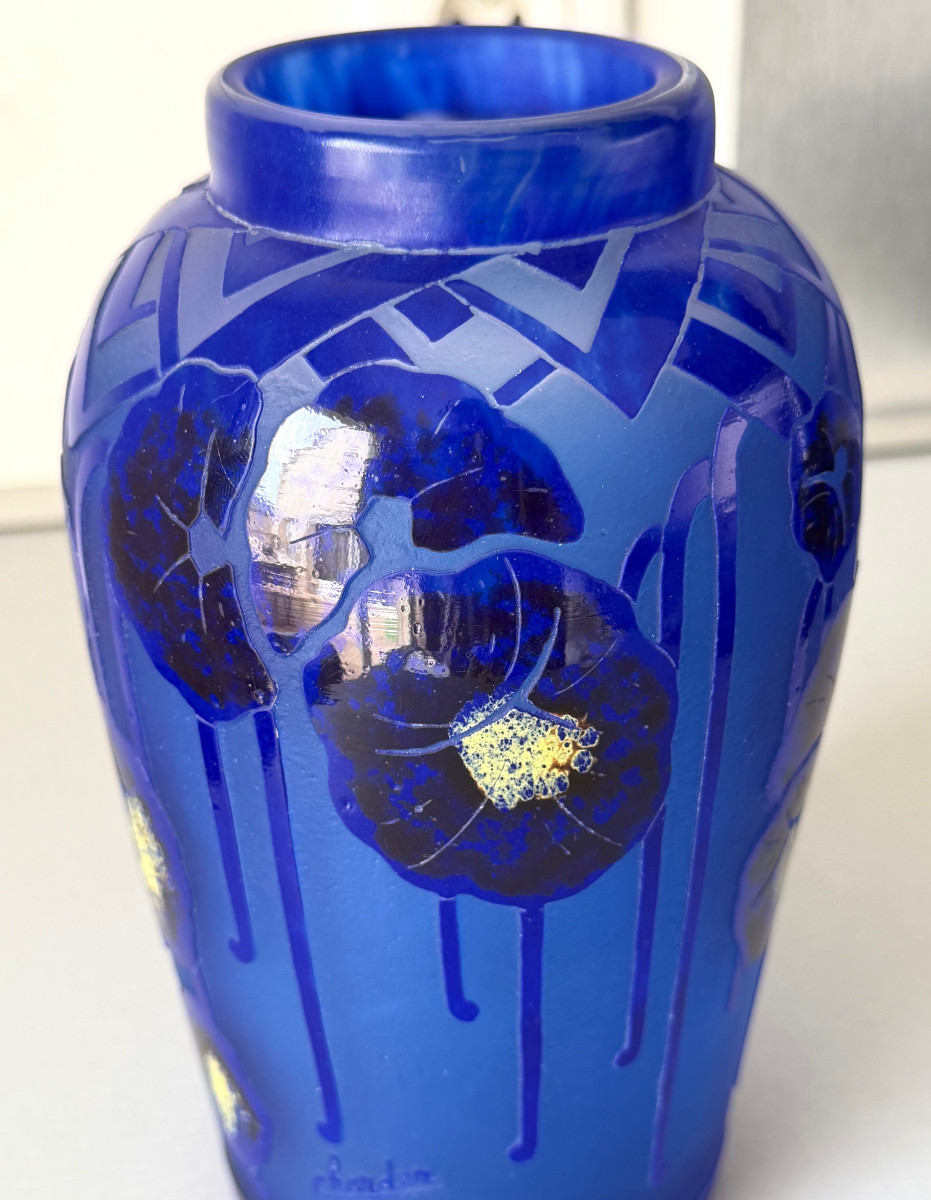 Art Deco Vase "blue Nasturtiums" By Schneider - Le Verre Français-photo-4