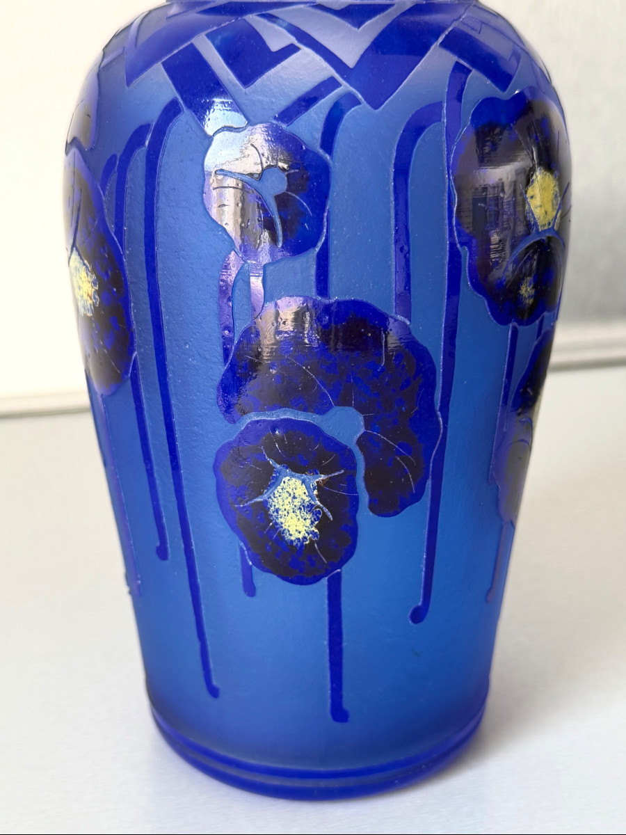 Art Deco Vase "blue Nasturtiums" By Schneider - Le Verre Français-photo-5
