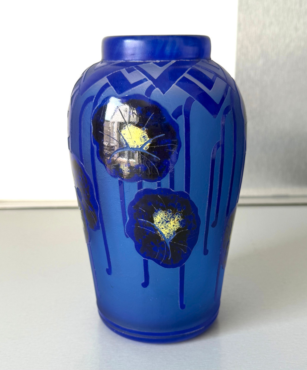 Art Deco Vase "blue Nasturtiums" By Schneider - Le Verre Français