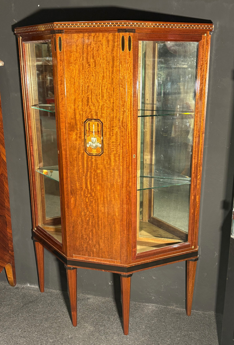 Maurice Dufrene Stamped Marquetry Art Deco Display Case Era Majorelle-photo-2