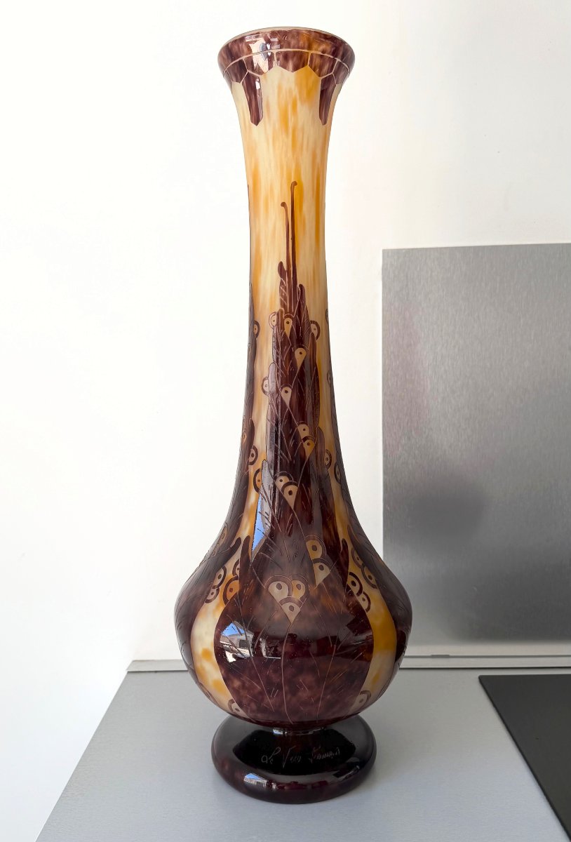 Monumental Art Deco Vase "lauriers" Schneider Le Verre Francais 64 Cm