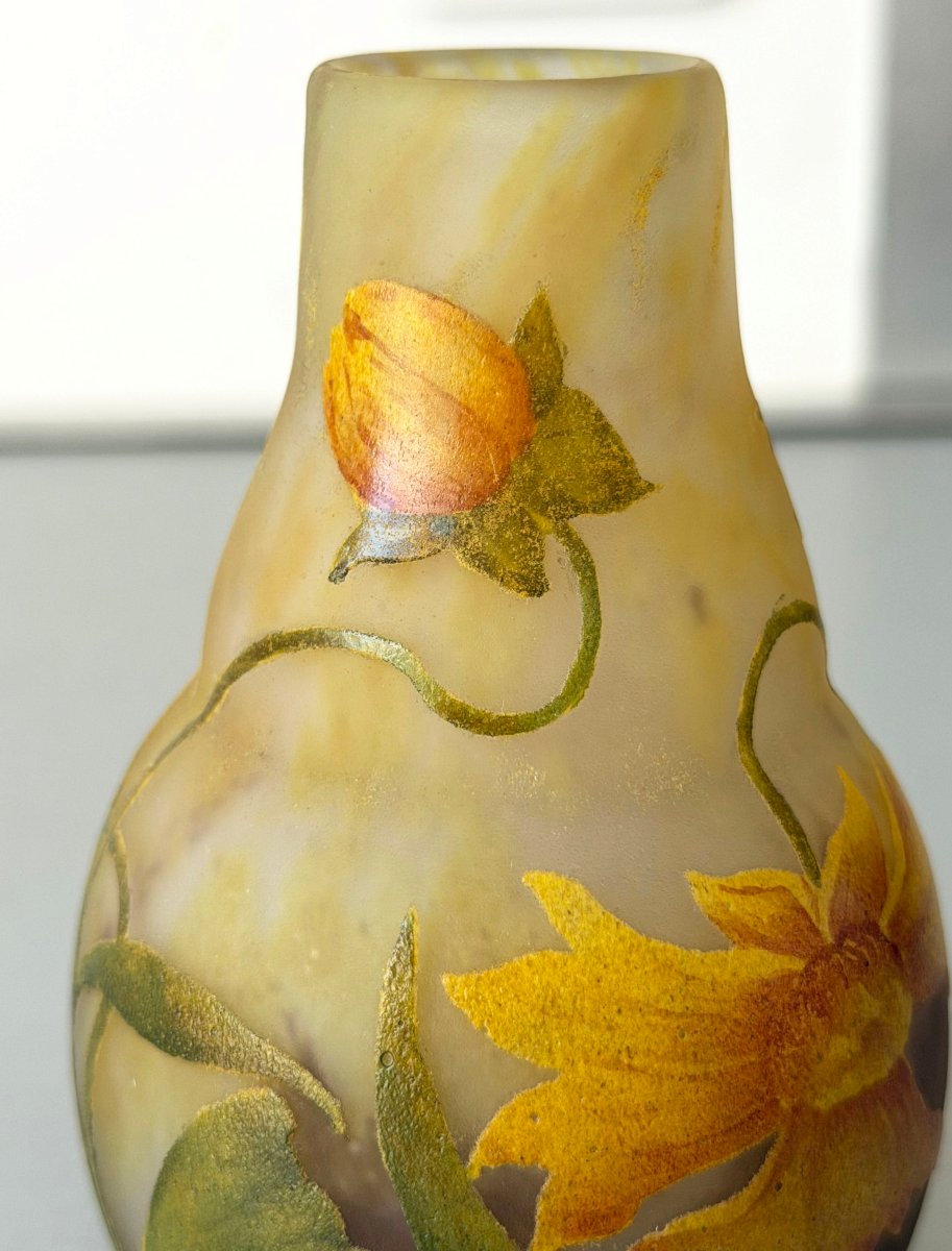 Art Nouveau Vase With Arnica Flowers, Daum Nancy-photo-2