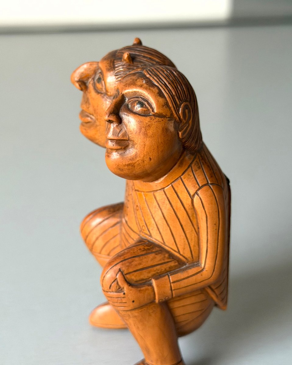 Carved Boxwood Snuff Box "crotteux" Siamese Twins, Early 19th Century-photo-4