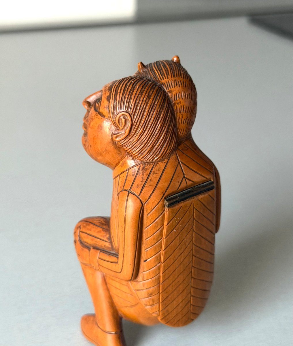 Carved Boxwood Snuff Box "crotteux" Siamese Twins, Early 19th Century-photo-6