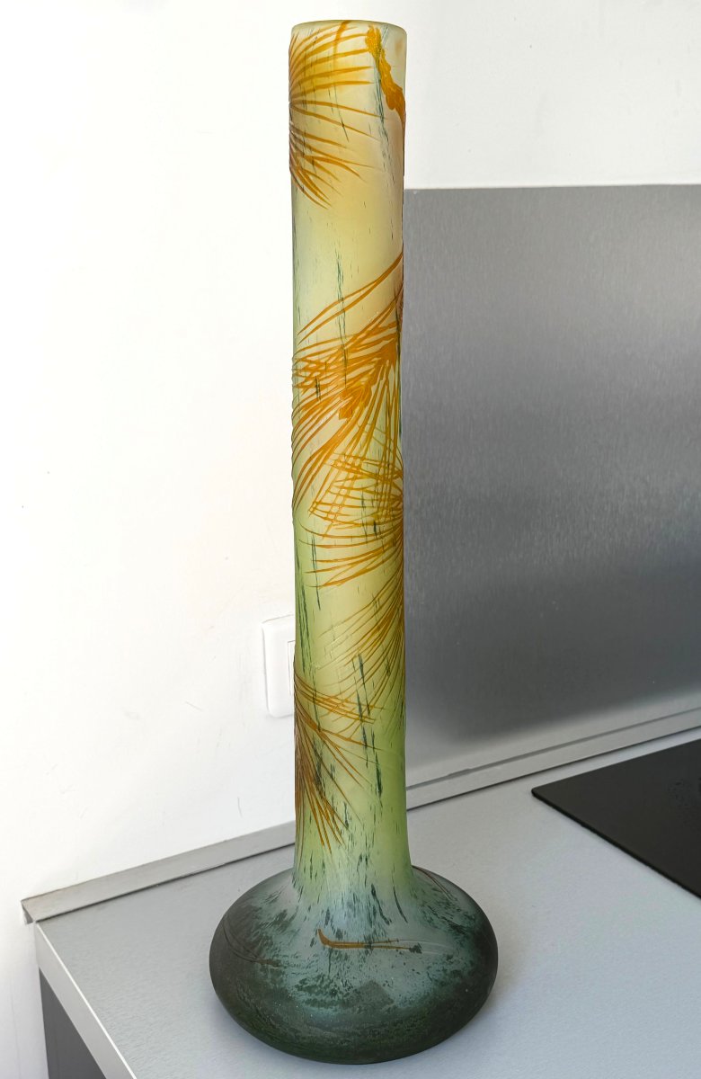 Large Art Nouveau Vase By émile Gallé, "pine Cones," With Intercalary Stains-photo-3