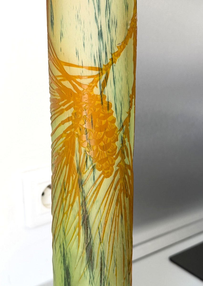 Large Art Nouveau Vase By émile Gallé, "pine Cones," With Intercalary Stains-photo-2