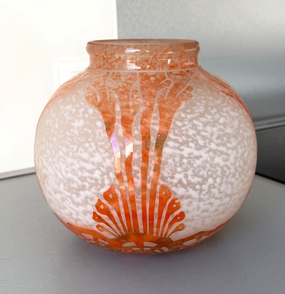 Imposing Art Deco "algues" Vase By Schneider - Le Verre Francais
