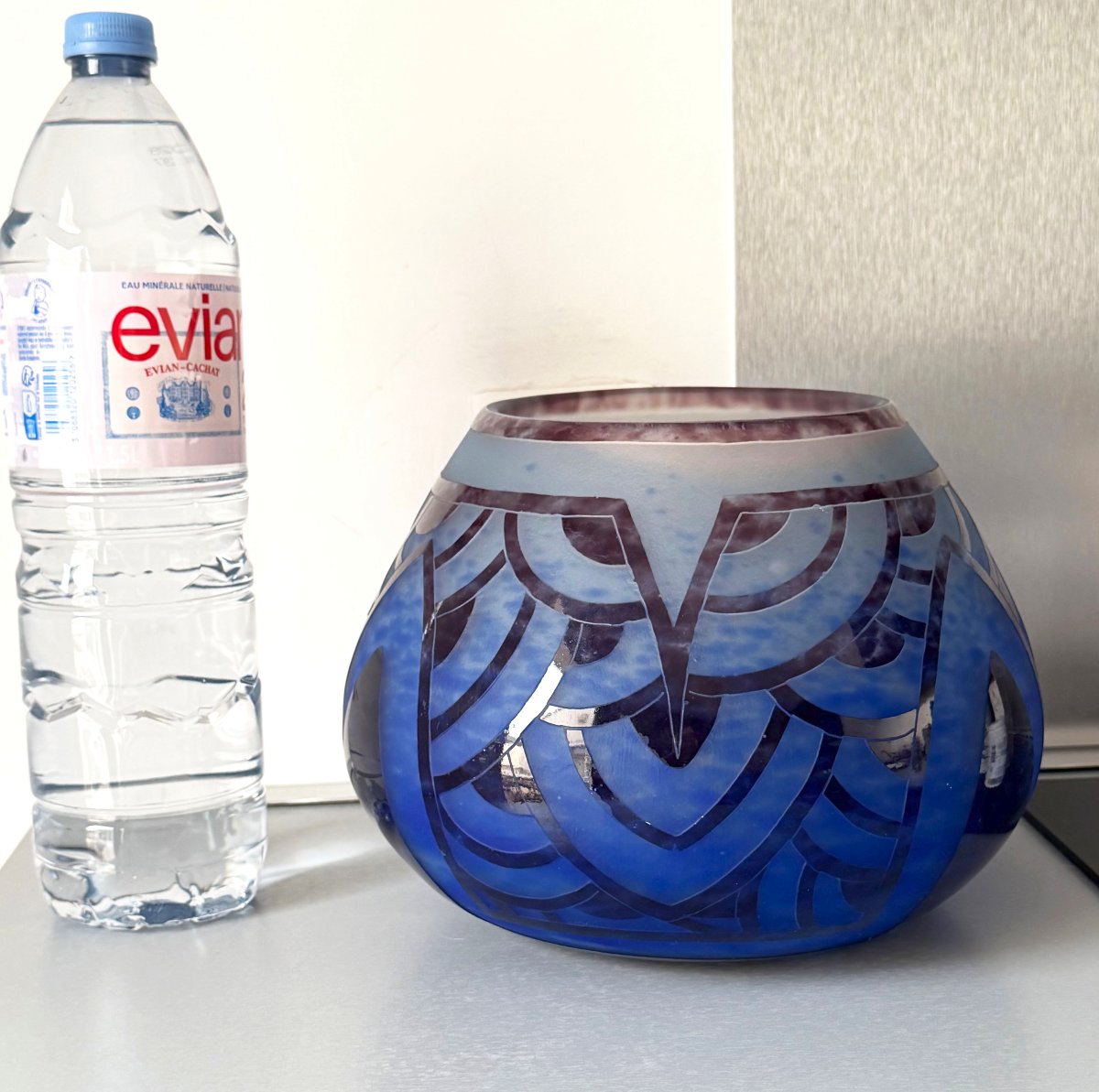 Imposing Art Deco "blue Water Lilies" Vase By Schneider - Le Verre Français-photo-3