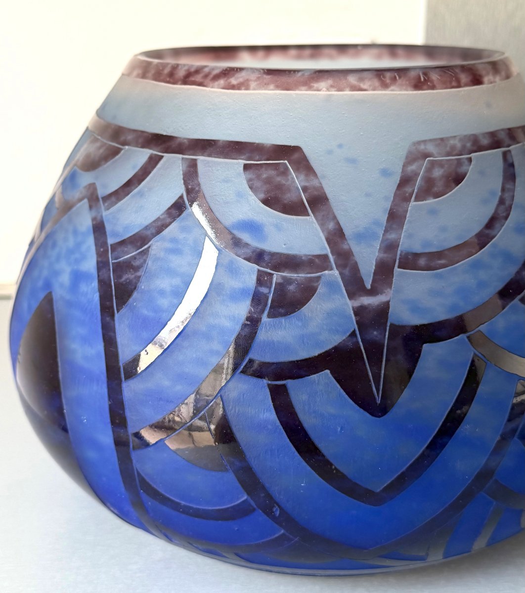 Imposing Art Deco "blue Water Lilies" Vase By Schneider - Le Verre Français-photo-2